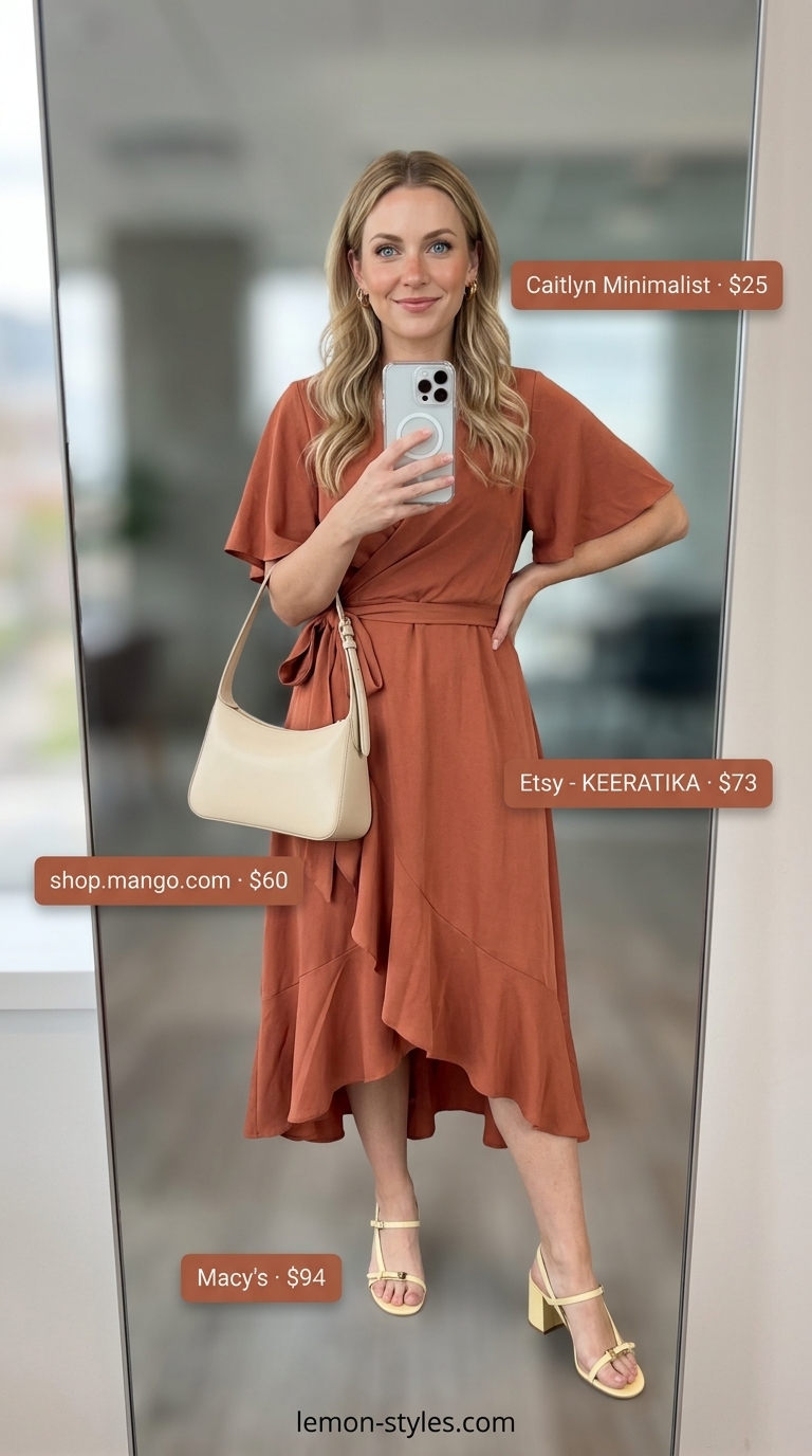 Smart summer work outfits for women 2026: Terracotta wrap dress, cream sandals, and beige bag for daytime meetings.