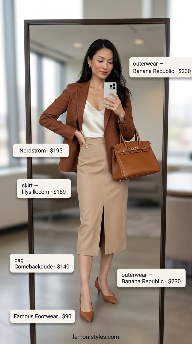 Smart summer work outfits for women 2026: Ivory silk cami, beige pencil skirt, linen blazer, and brown pumps.