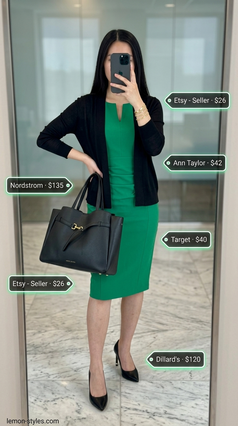 Smart summer work outfits for women 2026: Emerald green sheath dress, black cardigan, and gold accessories.