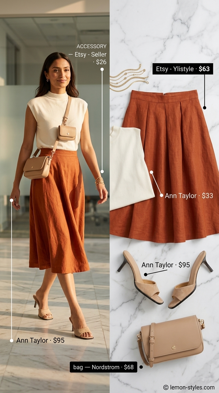 Smart summer work outfits for women 2026: Coral midi skirt, white top, beige mules for casual Friday.