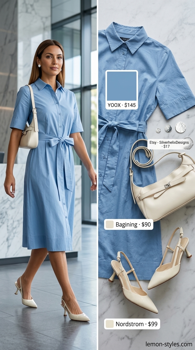 Smart summer work outfits for women 2026: Pale blue midi dress, cream heels, and silver earrings for a formal office look.