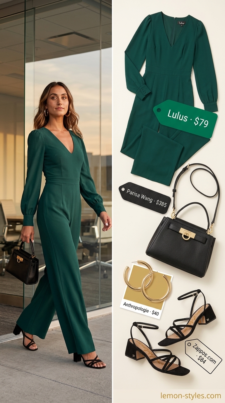 Smart summer work outfits for women 2026: Emerald green wide-leg jumpsuit with gold accessories for networking.