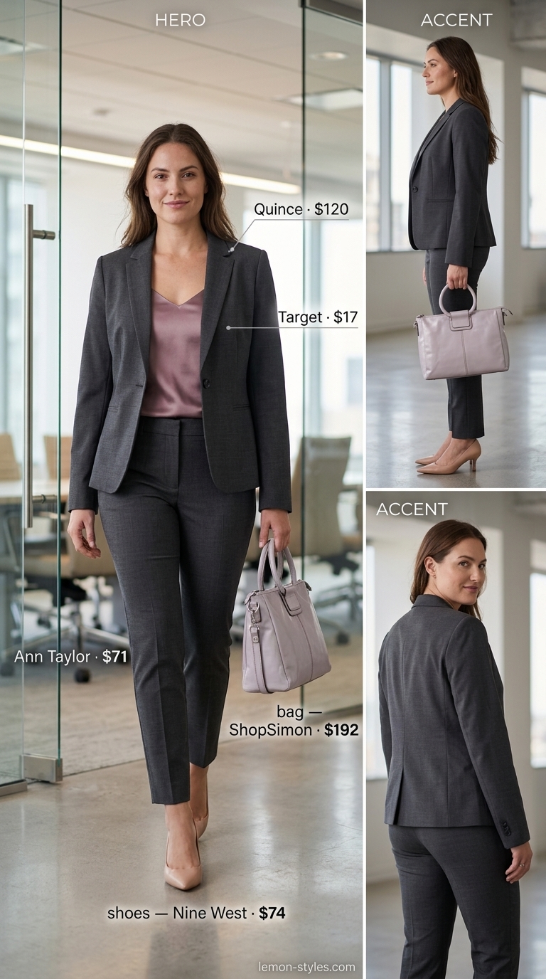 Blush pink camisole & charcoal blazer for smart summer work outfits for women 2026. Interviews.