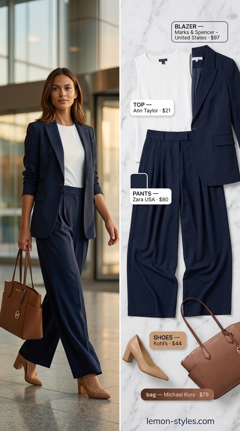 Smart summer work outfits for women 2026: Navy wide-leg trousers, white knit top, navy blazer, tan heels for client meetings.