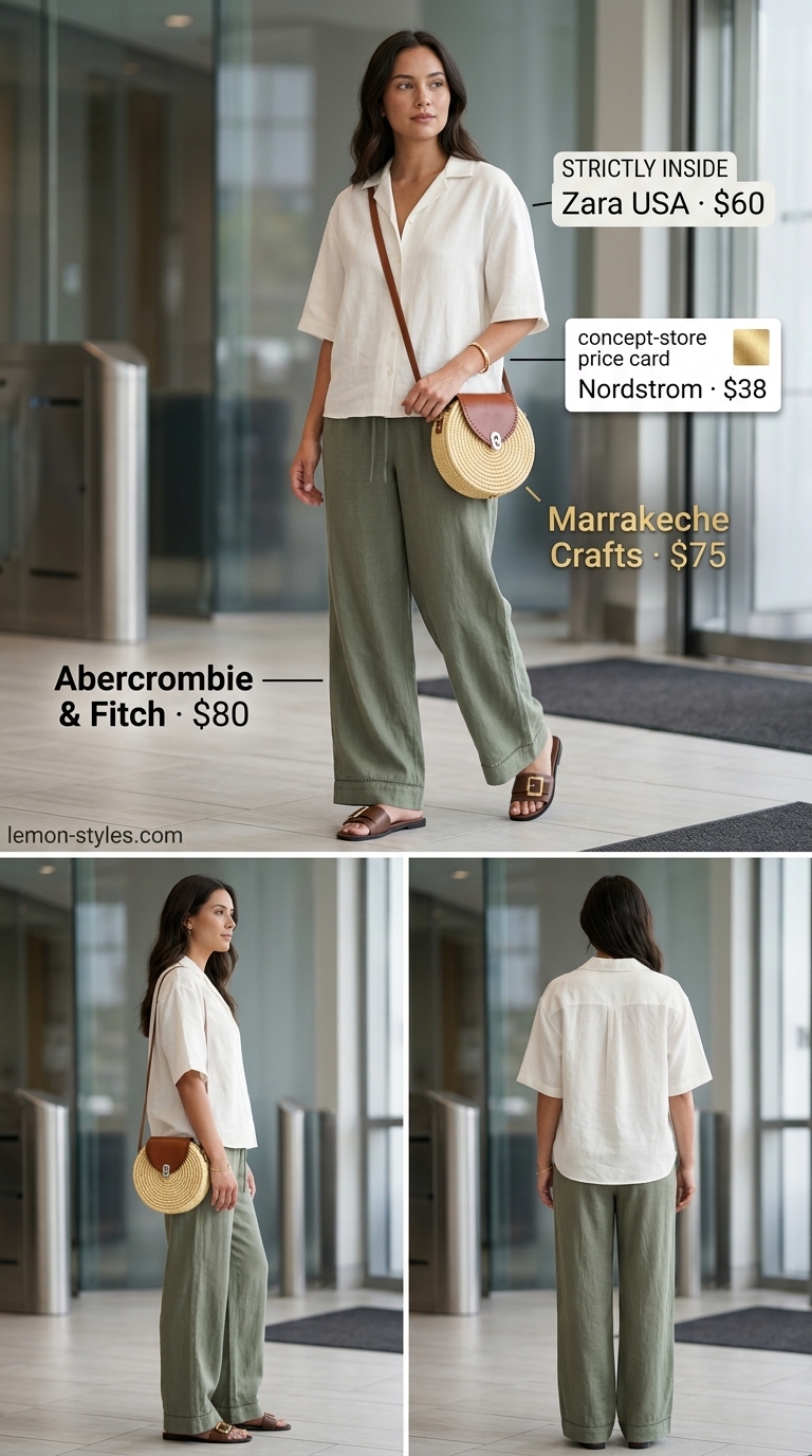 Smart summer work outfits for women 2026: Khaki green linen trousers, white shirt, brown sandals for hybrid office.