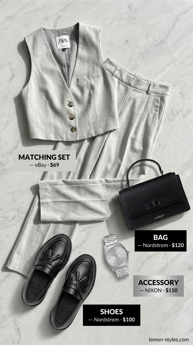 Smart summer work outfits for women 2026: Light gray vest and trousers set with black loafers for fashion-forward office.