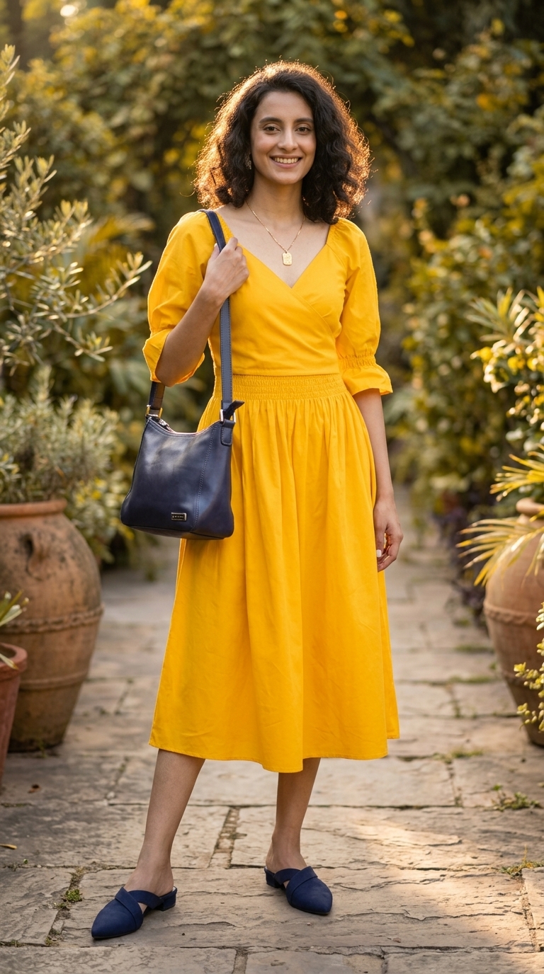 Mustard yellow wrap dress for smart summer work outfits for women 2026. Client lunch & networking.