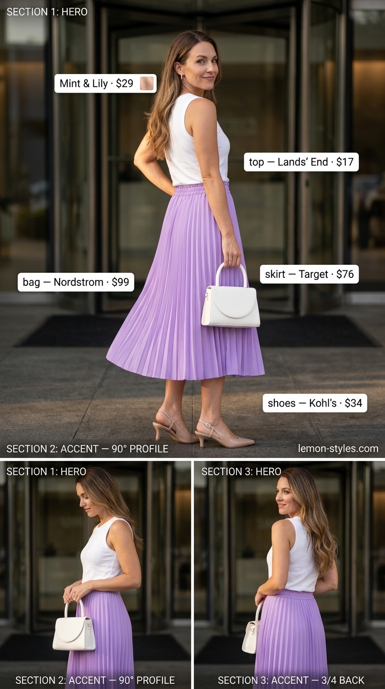 Smart summer work outfits for women 2026: Lavender pleated midi skirt, white knit top, nude heels for creative office.