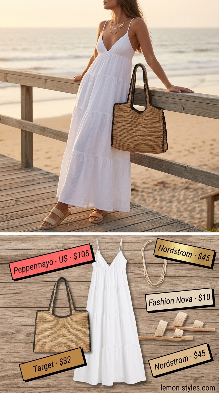 Coastal Linen Dream: Summer Linen Sleeveless Dresses 2026 Crisp white linen sleeveless maxi dress with gold jewelry for resort wear summer linen sleeveless dresses 2026.