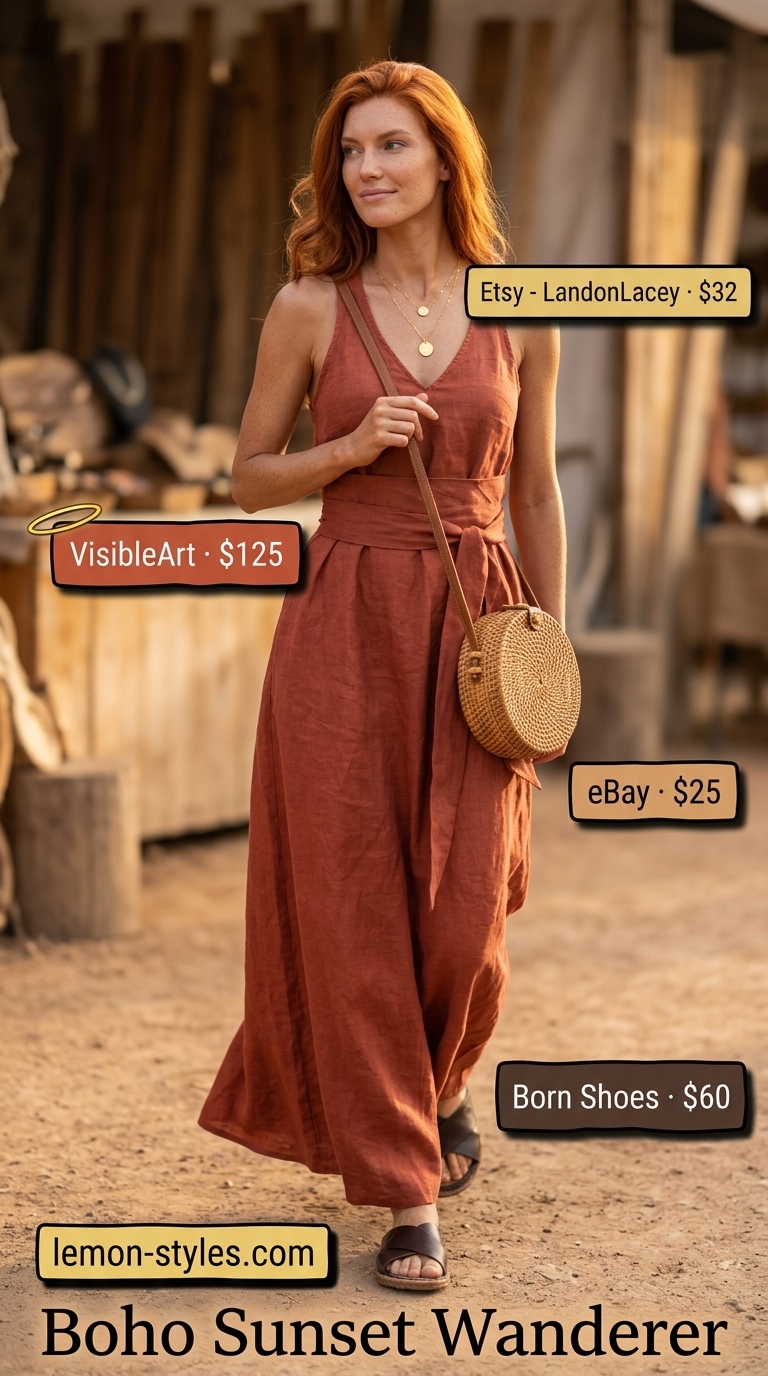 Boho Sunset Wanderer: Summer Linen Sleeveless Dresses 2026 Terracotta linen maxi dress for a boho sunset vibe summer linen sleeveless dresses 2026.