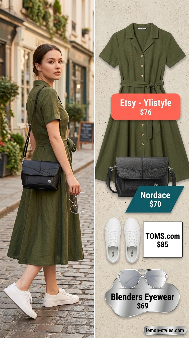 Summer Linen Sleeveless Dresses 2026: City Safari Stylish olive green linen sleeveless shirt dress for city sightseeing, with white sneakers and a crossbody bag.