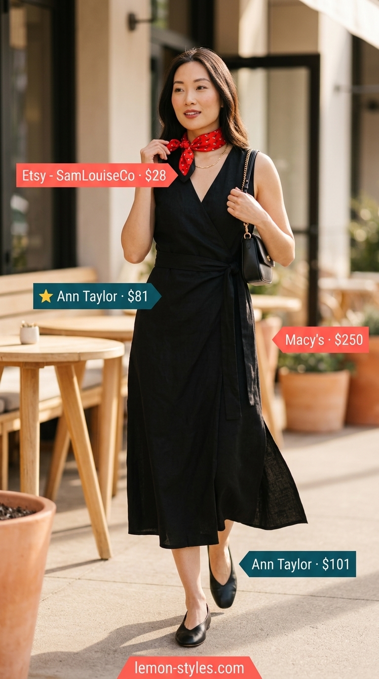 Parisian Cafe Charm: Summer Linen Sleeveless Dresses 2026 Chic black linen sleeveless wrap dress with red scarf for Parisian cafe hopping summer linen sleeveless dresses 2026.