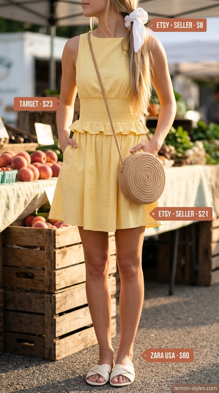 Summer Linen Sleeveless Dresses 2026: Sunny Picnic Style Cheerful sunny yellow linen mini dress for a summer picnic, with white sandals and a straw crossbody bag.