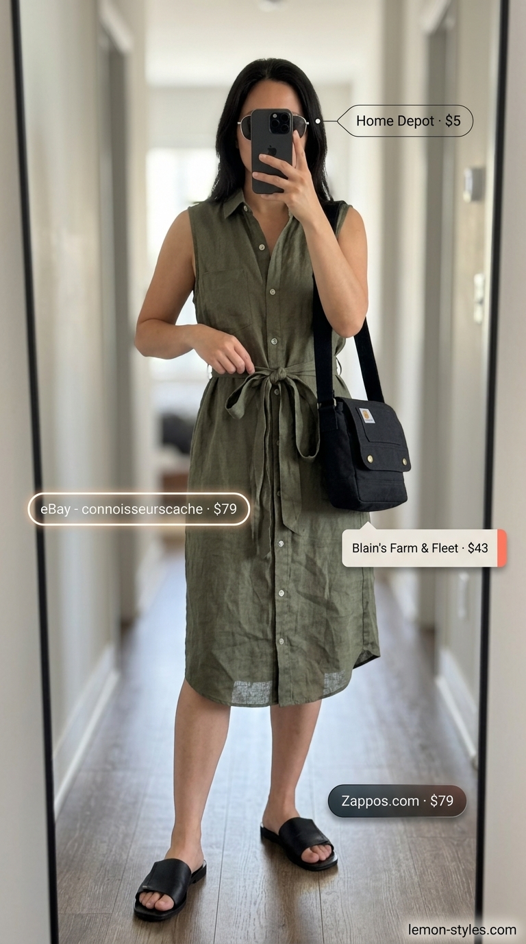 City Safari Chic: Summer Linen Sleeveless Dresses 2026 Olive green linen midi shirt dress for city safari chic summer linen sleeveless dresses 2026.