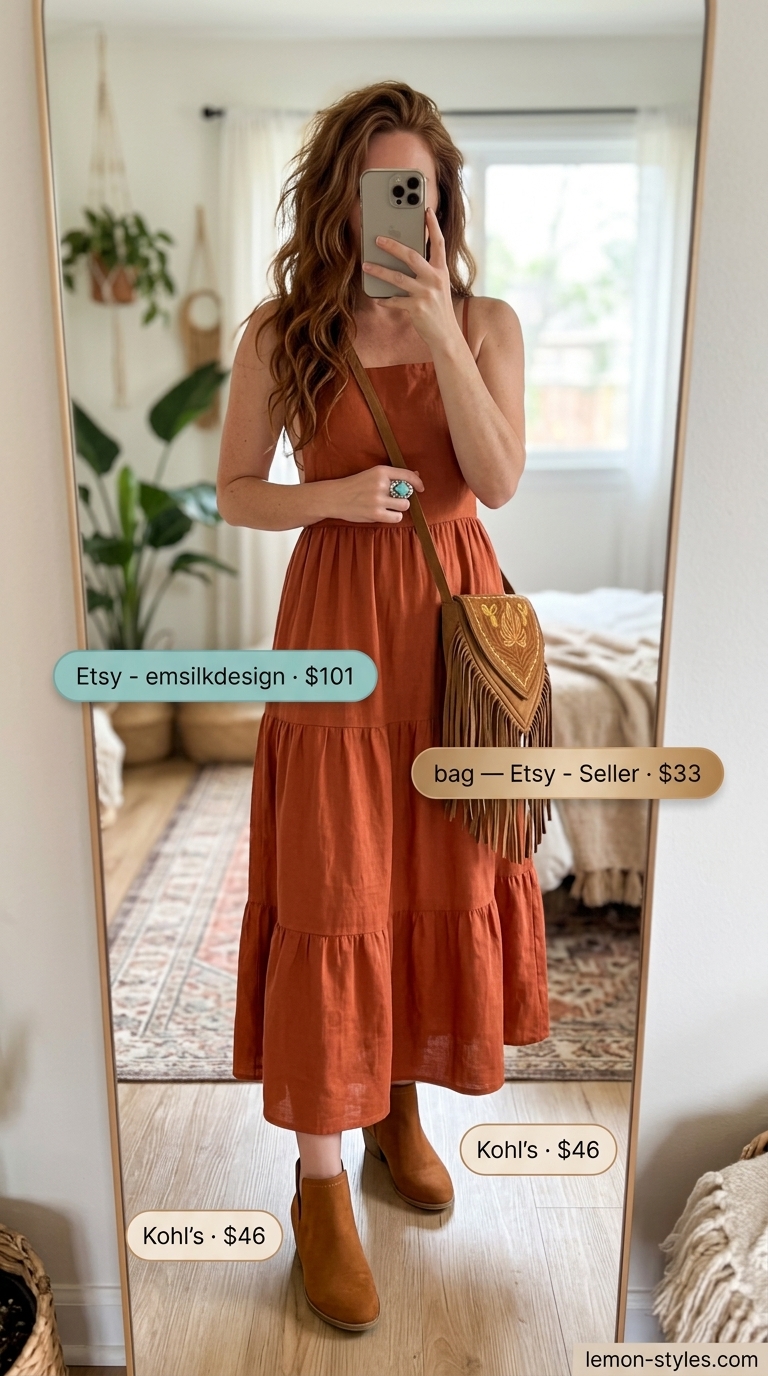 Summer Linen Sleeveless Dresses 2026: Desert Festival Bohemian rust orange linen sleeveless maxi dress for a festival, paired with suede boots and turquoise jewelry.