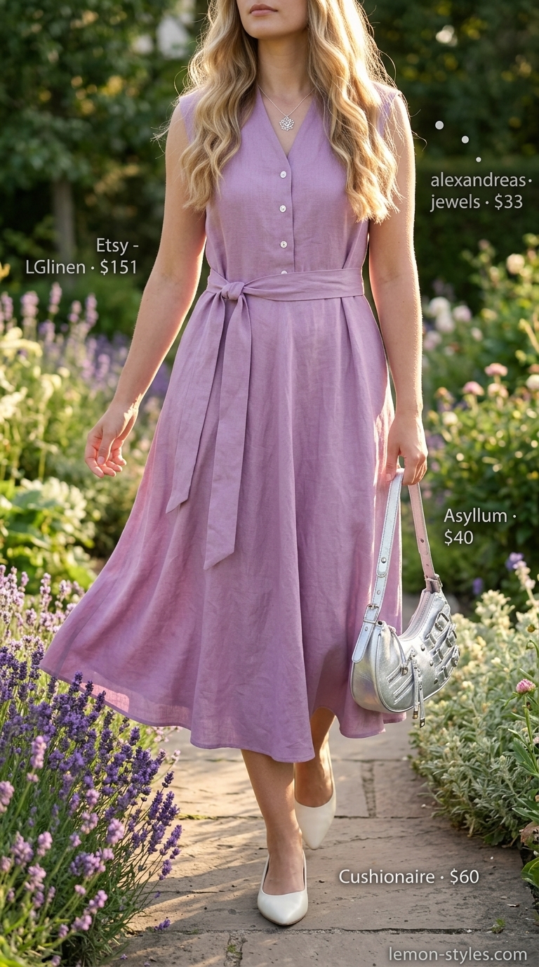 Summer Linen Sleeveless Dresses 2026: Lavender Brunch Romantic lavender linen sleeveless midi dress for summer brunch, styled with cream ballet flats and silver jewelry.