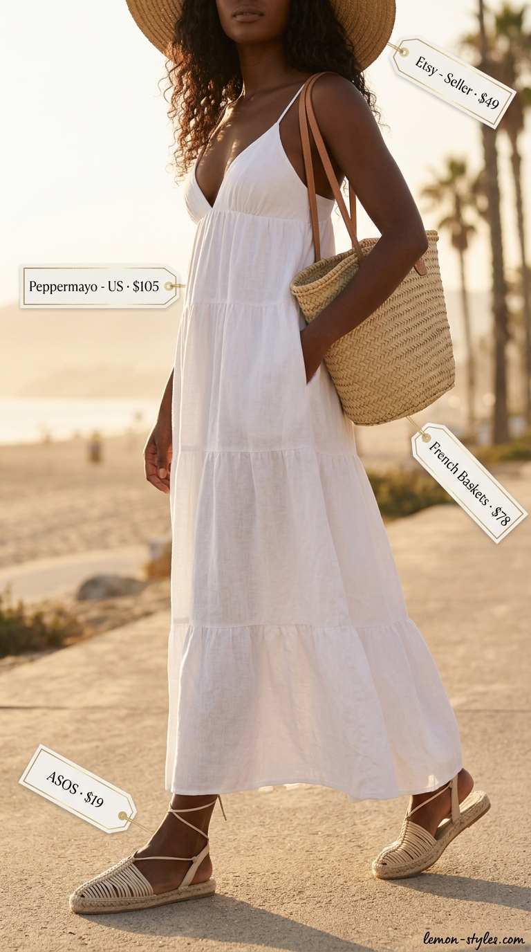 Summer Linen Sleeveless Dresses 2026: Riviera Resort Effortless white linen sleeveless maxi dress for resort wear, styled with espadrilles and a straw tote bag.