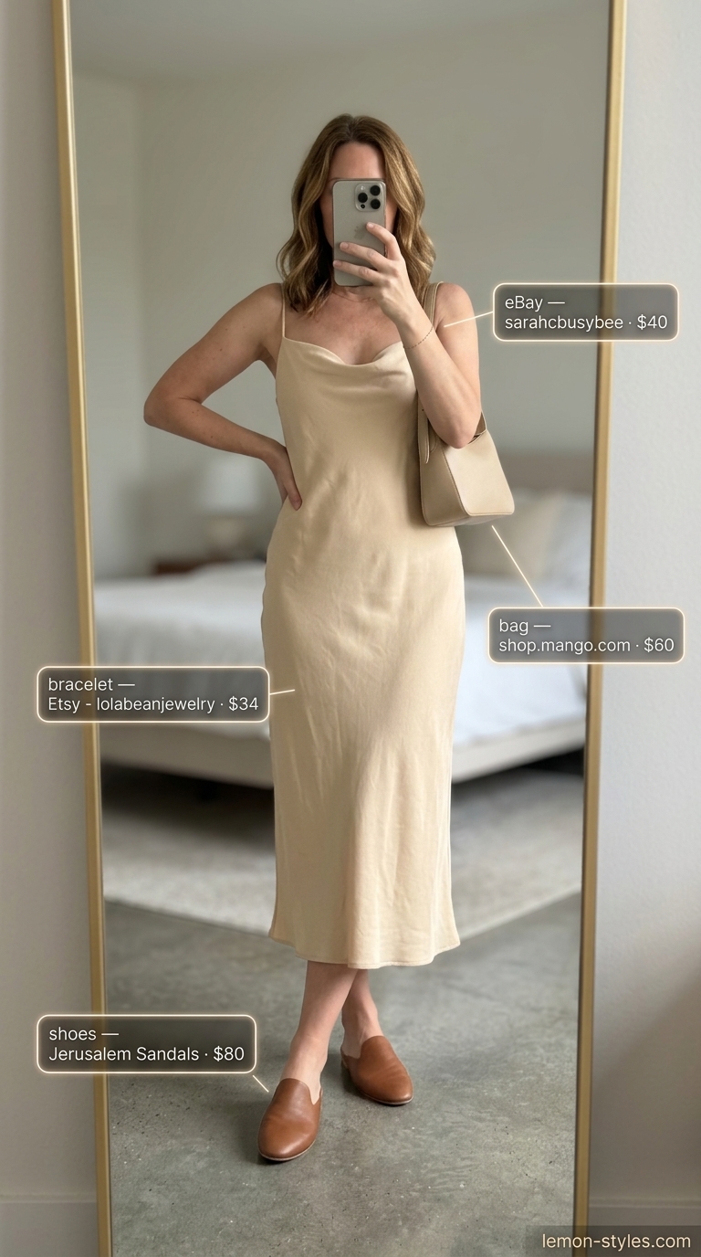 Summer Linen Sleeveless Dresses 2026: Gallery Chic Sophisticated beige linen sleeveless midi slip dress for art gallery visits, with camel mules and gold jewelry.