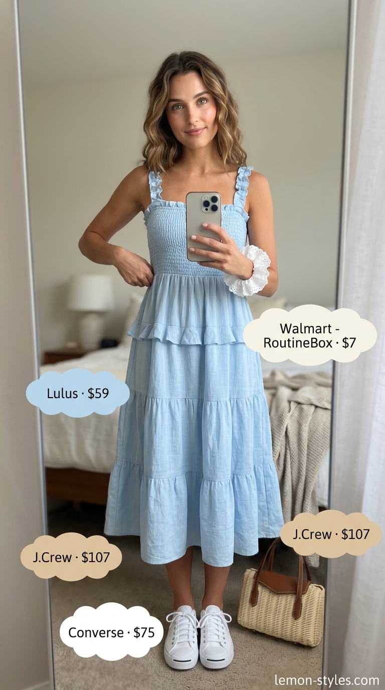 Summer Linen Sleeveless Dresses 2026: Park Picnic Fun Sweet sky blue linen sleeveless mini dress with ruffles for a park picnic, styled with canvas sneakers and a wicker bag.