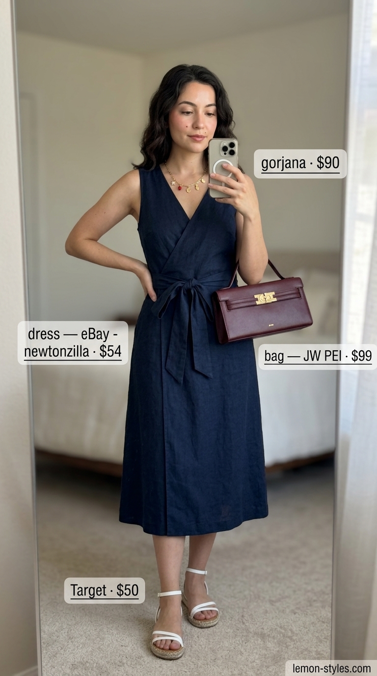 Dinner Stroll Summer Linen Dresses 2026: Navy Wrap Chic Navy blue linen wrap dress for casual dinner summer outfits 2026.