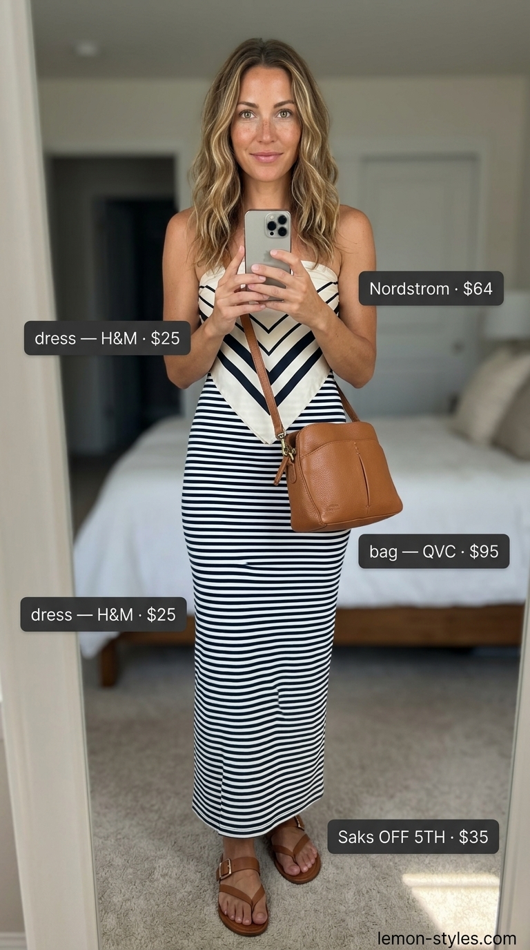 Travel Summer Linen Dresses 2026: Navy Stripe Maxi Navy white stripe linen maxi dress for Mediterranean travel summer outfits 2026.