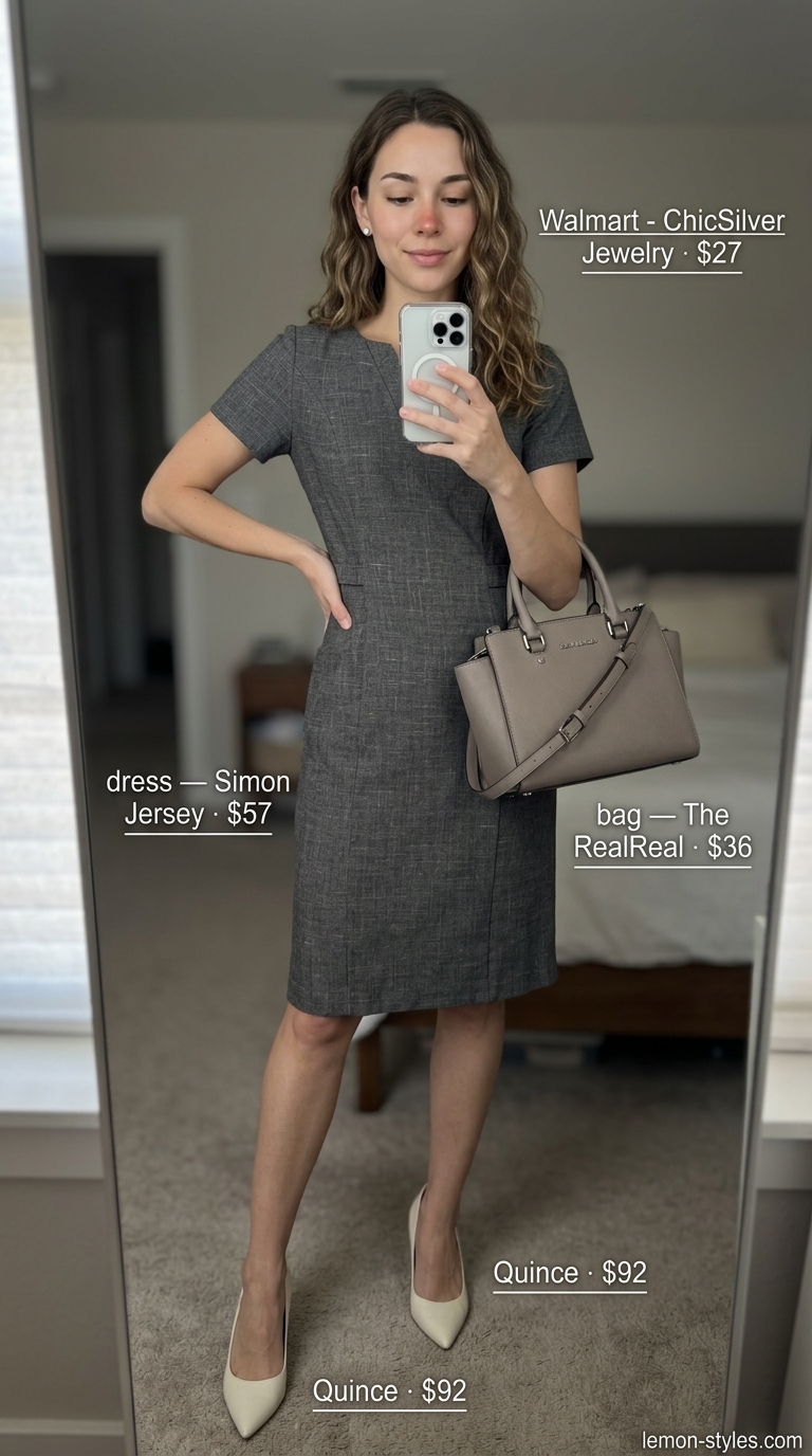 Summer Linen Sleeveless Dresses 2026: Boardroom Chic Polished charcoal grey linen sleeveless sheath dress for summer office or business lunch, with pumps and satchel.