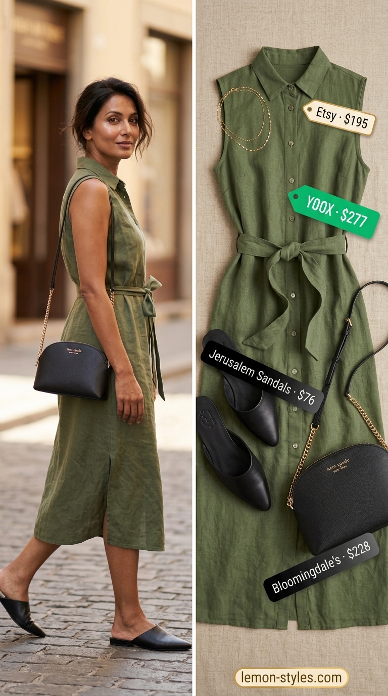 City Sightseeing Summer Linen Dresses 2026: Khaki Shirt Dress Khaki green linen shirt dress for city sightseeing summer outfits 2026.