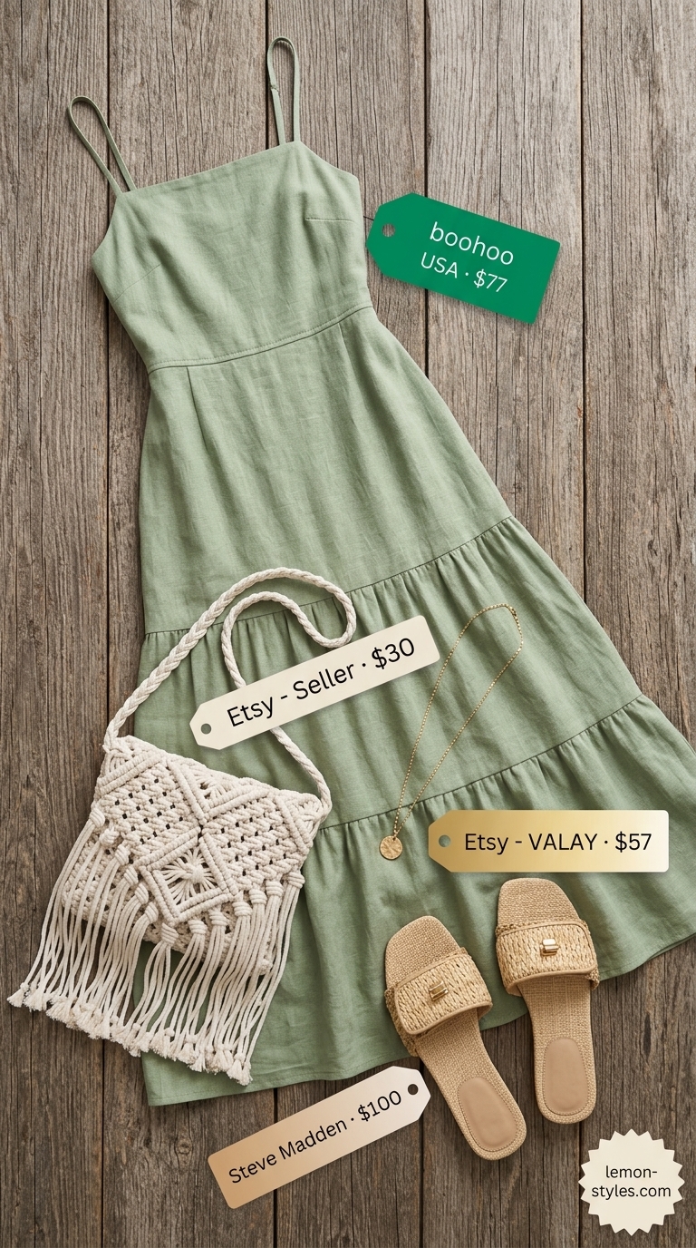 Bohemian Garden Party: Summer Linen Sleeveless Dresses 2026 Sage green linen tiered maxi dress for bohemian garden party summer linen sleeveless dresses 2026.