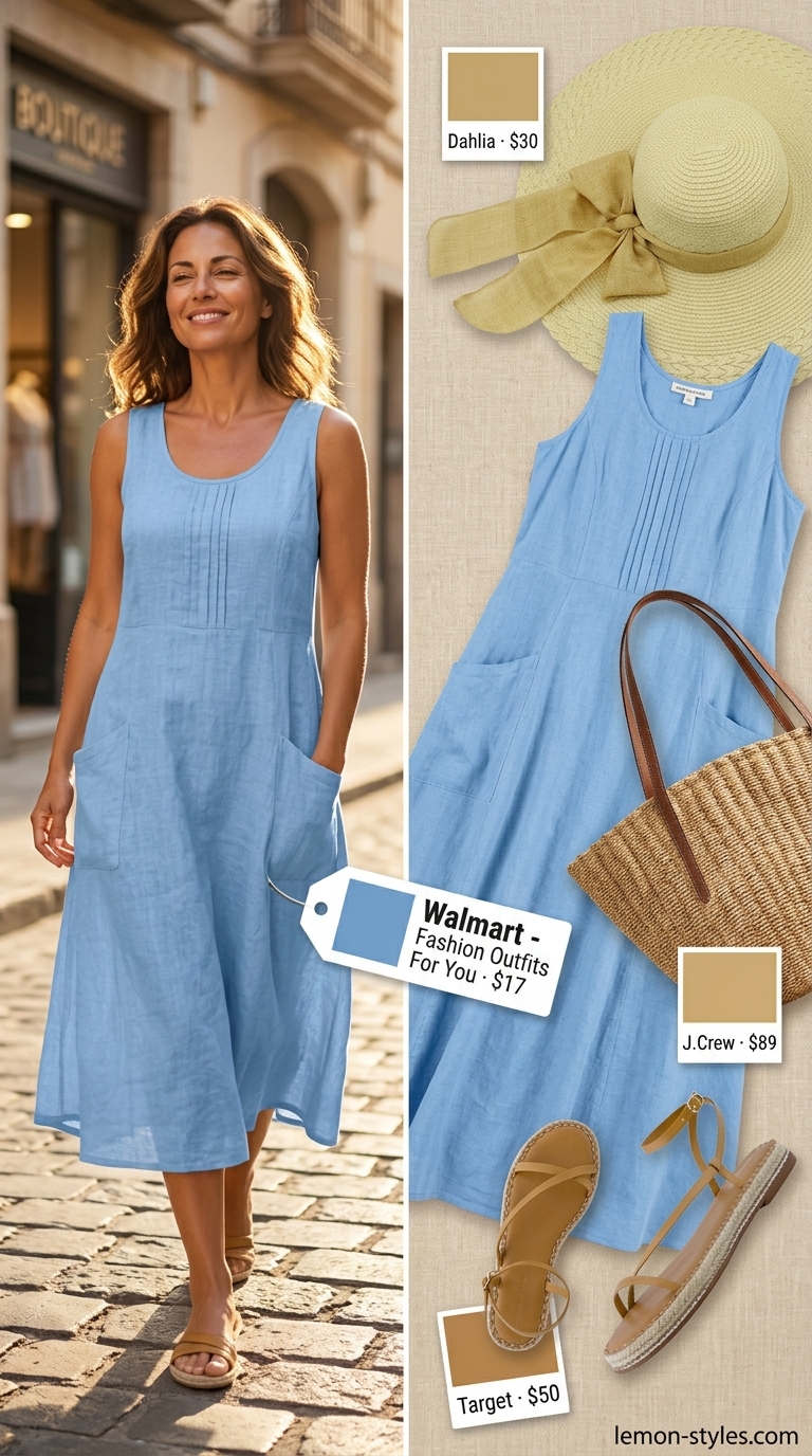 Beach Getaway Summer Linen Dresses 2026: Sky Blue Relaxed Sky blue linen A-line maxi dress for beach getaway summer outfits 2026.