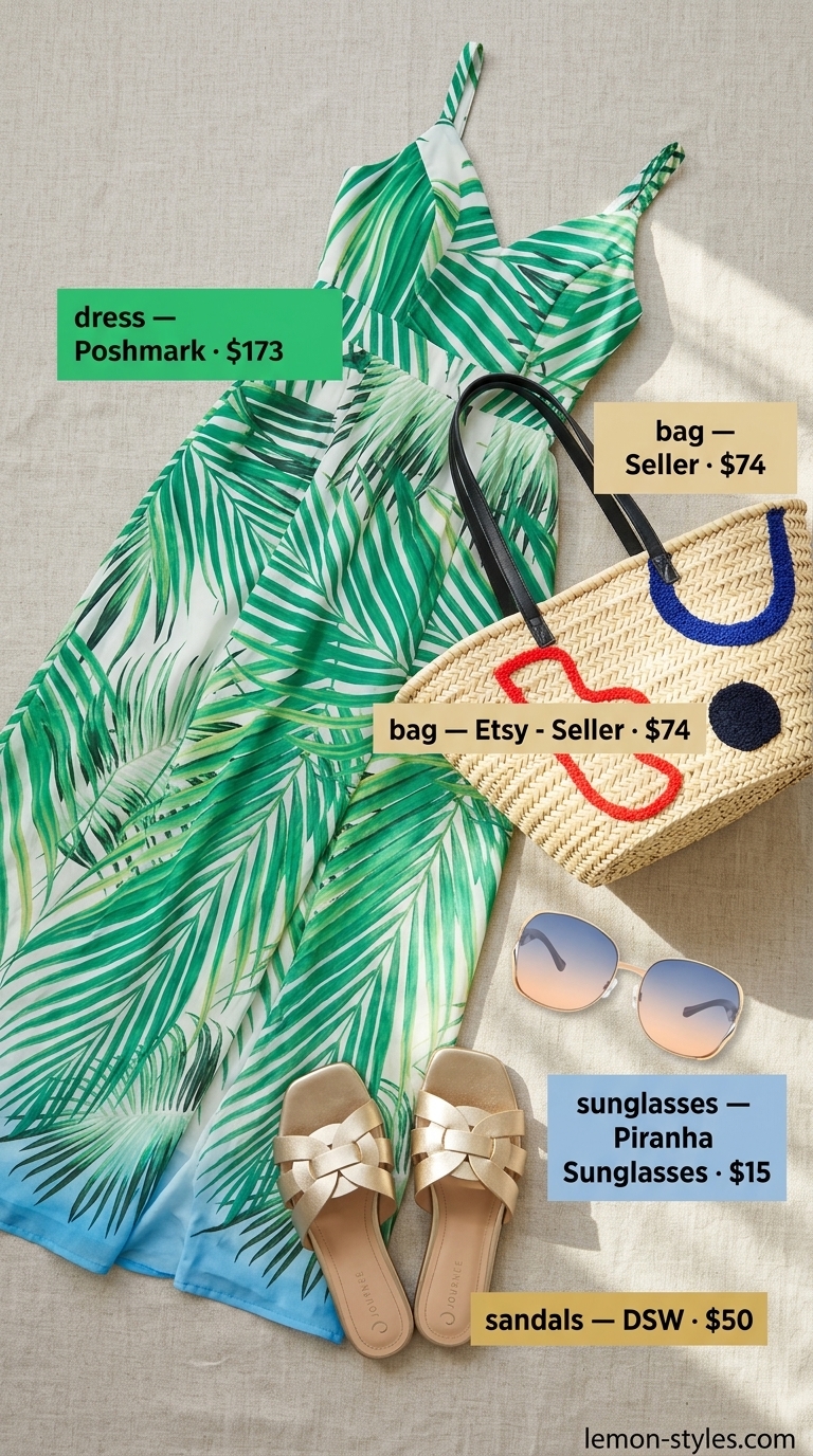 Resort Wear Summer Linen Dresses 2026: Palm Print Glam Green palm print linen sleeveless maxi dress for resort wear summer outfits 2026.