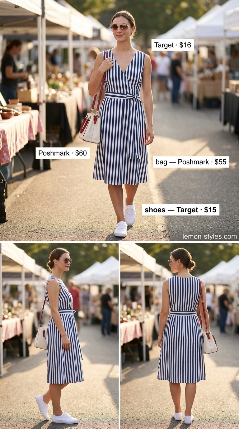 Weekend Market Summer Linen Dresses 2026: Navy Stripe Effortless Navy stripe linen sleeveless wrap dress for weekend market summer outfits 2026.