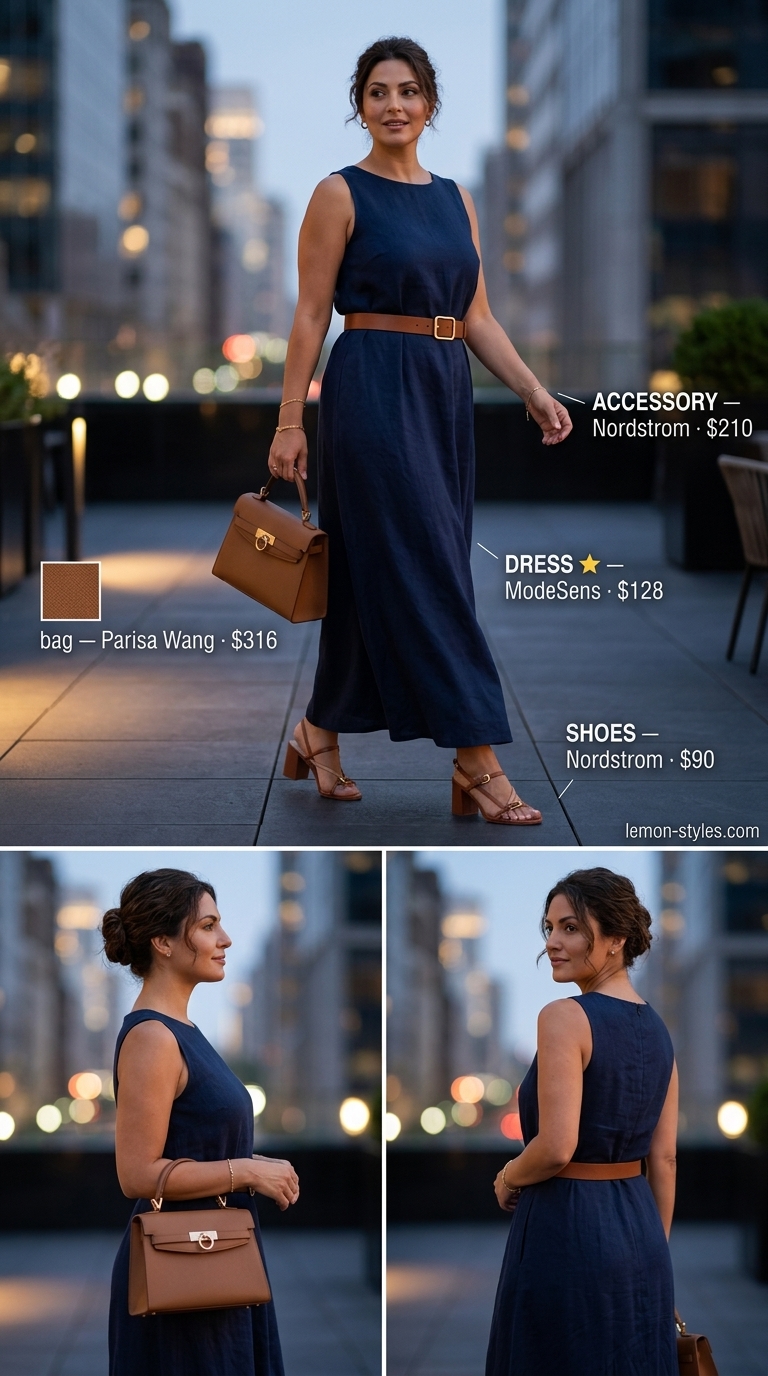 Dinner Alfresco Summer Linen Dresses 2026: Navy Blue Sophisticated Navy blue linen column maxi dress for sophisticated dinner summer outfits 2026.