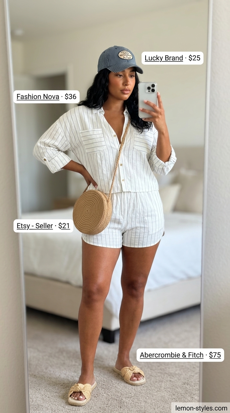 White summer linen pants for women 2026: Cropped linen shirt and shorts set in optic white with blue striped cap.
