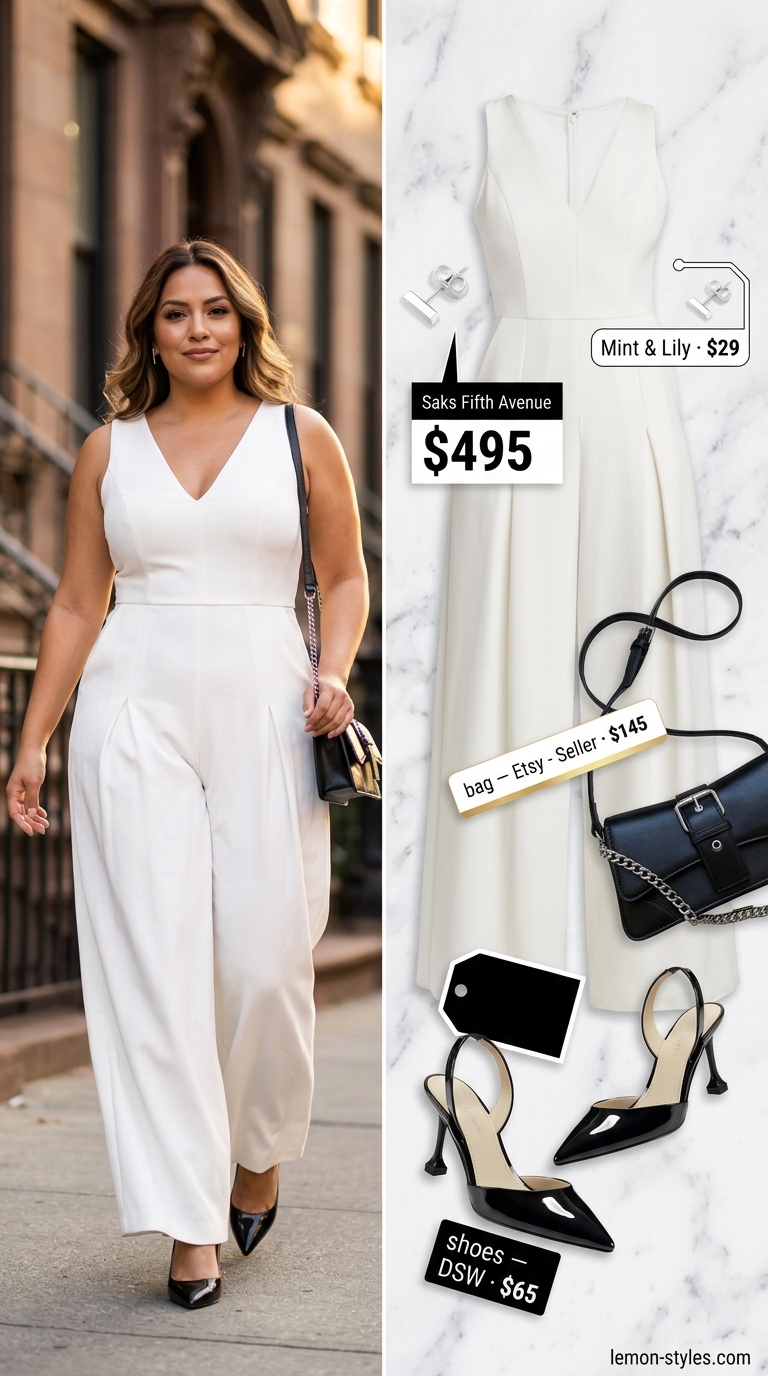 Sleek all white summer outfits for women 2026: Pure white wide-leg jumpsuit with black heels for business casual.