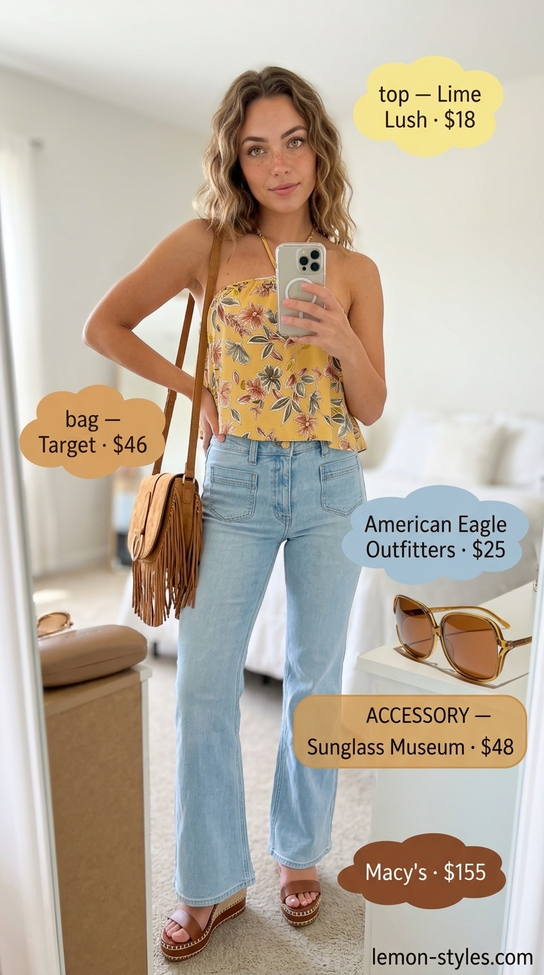 Flared legging outfits summer for women 2026: Denim leggings, floral halter top, platform wedges for a summer concert.