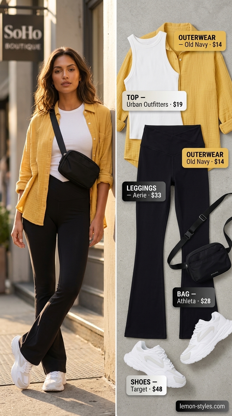 Flared legging outfits summer for women 2026: Black leggings, white tank, neon yellow shirt, chunky sneakers for city errands.