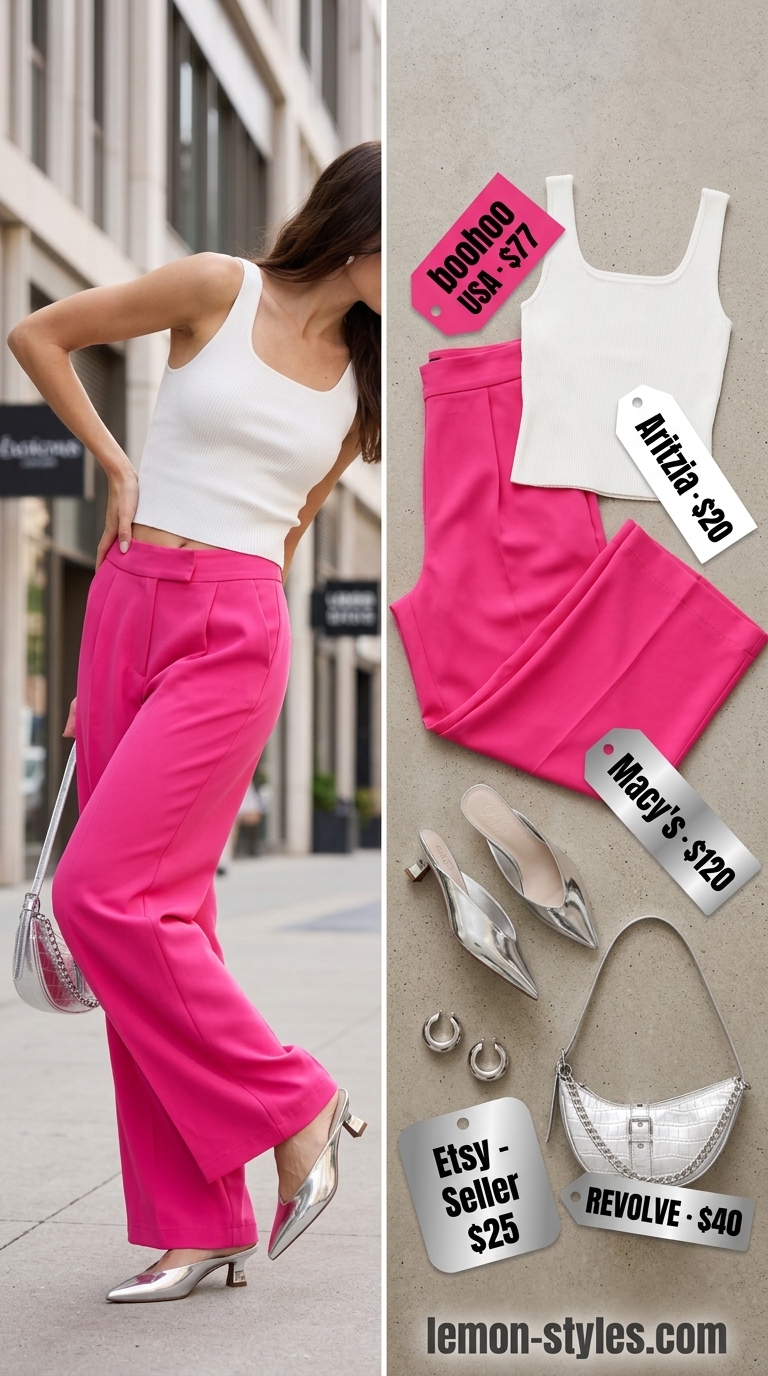 Bold summer fashion outfits for women 2026: Hot pink wide-leg trousers, white knit top, silver mules, and silver hoops.