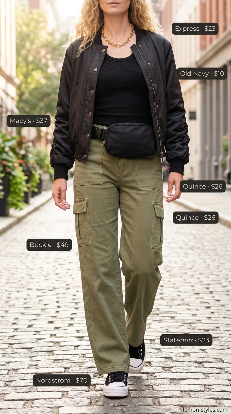 Bold summer fashion outfits for women 2026: Olive green cargo pants, black tank, black bomber jacket, and chunky sneakers.