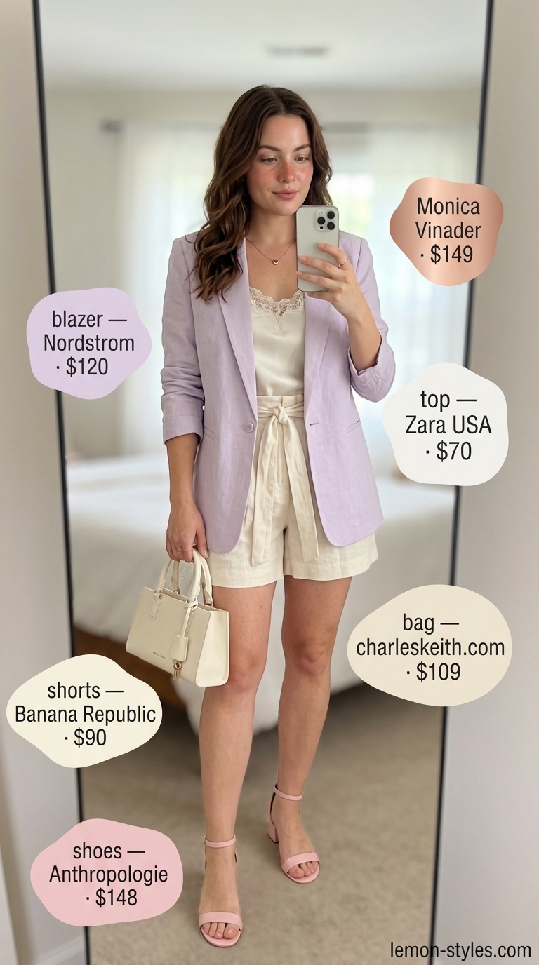 Lavender Garden Soirée Blazer Shorts 2026 Lavender blazer with cream paperbag shorts outfit for women 2026. Romantic garden party style.