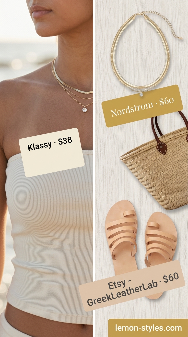 Knit summer tube top outfits 2026: Cream tube top, cream knit shorts, slide sandals, and straw tote for a relaxed set.