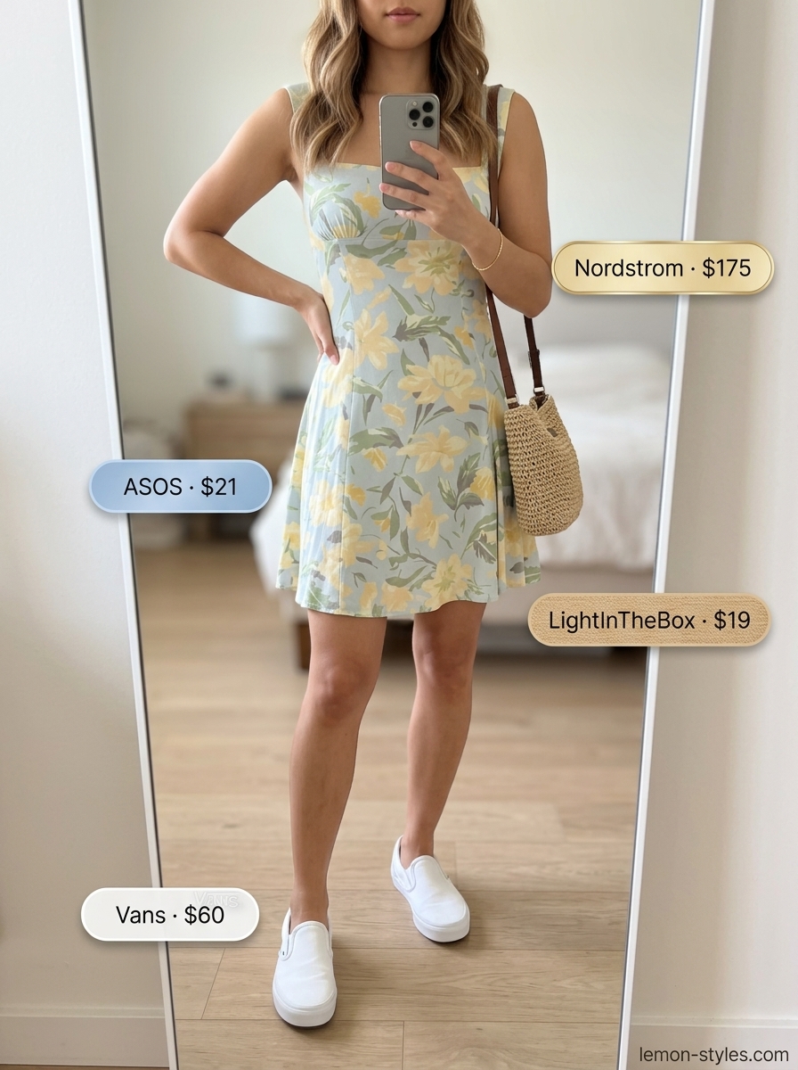Picnic perfect pastel blue floral sundress with sneakers and straw bag for women with blonde hair. 2026.