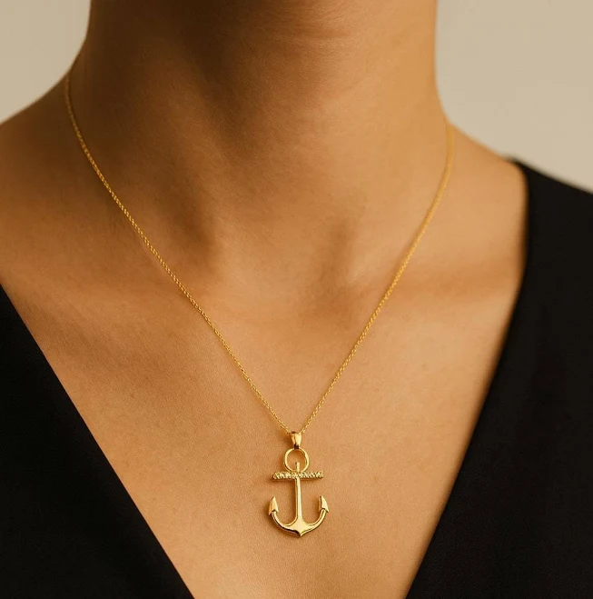 accessory 14K Solid Gold Minimalist Anchor Necklace with Stones Etsy - Seller $59.4
