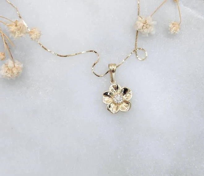 accessory 14K Solid Gold Tiny Flower CZ Diamond Pendant Necklace Etsy - Seller $129.6