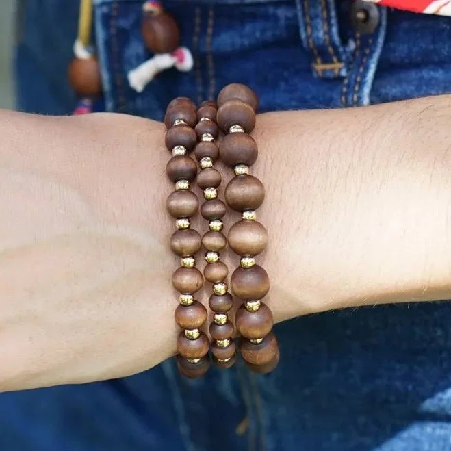 accessory 18K Gold Beaded Wood Stretch Bracelets (Set of 3) Canvas Style $25.2