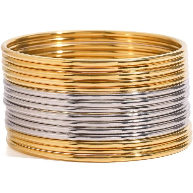 accessory 18K Gold Minimalist Slim Bangle Bracelet Stack (5pcs) Sunrise Bling Jewelry $69.99