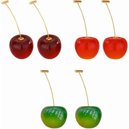 accessory 3 Pairs Red Green Cherry Drop Earrings Set for Women Gold Plated Hypoallergenic 3D Cute Fruit Charms Statement Dangle Earring Lightweight Y2K Holiday Walmart - SUMAO Network Store $9.99