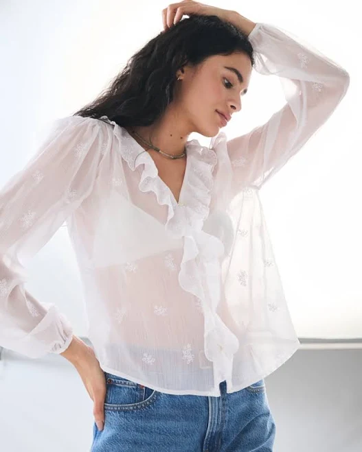 top Abercrombie & Fitch Women's Sheer Embroidered Ruffle Blouse Abercrombie & Fitch $39.99