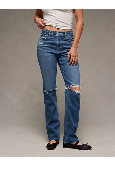 jeans AE Women's Stretch Ripped Super High-Waisted Straight Jean American Eagle Outfitters $29.99
