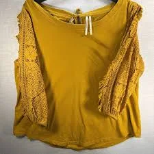 crop top Anthropologie Mustard Puffy 3/4 Sleeves Crochet Top Size XL Bow Peasant Boho eBay $26.99