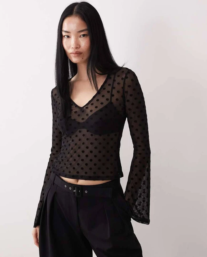 blouse ASOS Sheer Flocked Polka Dot Mesh Long Sleeve Top ASOS $34.99